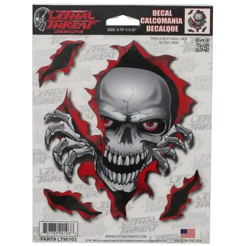 Autocollant / Sticker – LETHAL THREAT Peek A Boo Skull Red 15 x 20cm Petit Prix