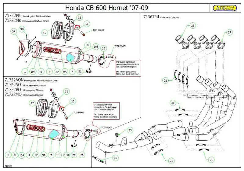 Ligne 4 en 1 Arrow Thunder alu pour Honda 600 Hornet 2007/2010 Affaire À Saisir