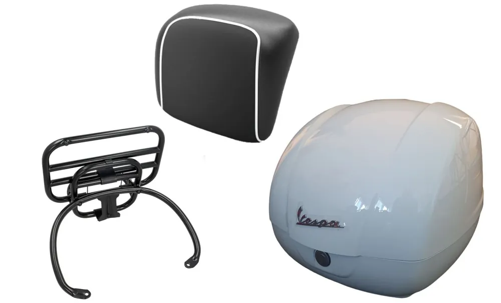 Kit top case 36L blanc (B04), porte-bagages noir, coussin dorsal noir, passepoil blanc pour Vespa GTS Solde
