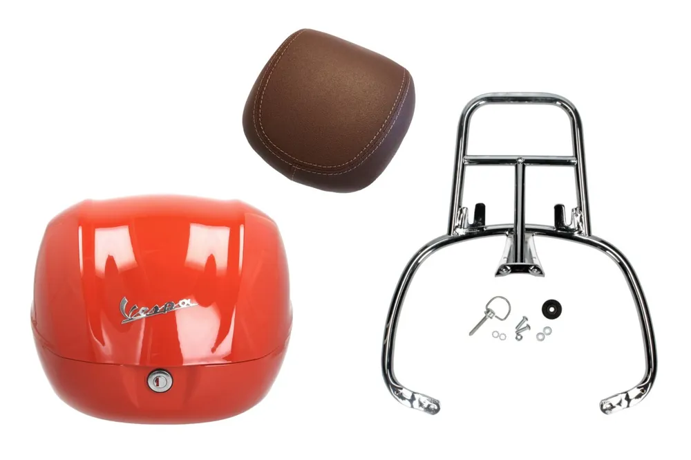 Seulement Aujourd&rsquo;hui Kit top case 32L orange impulsivo (A11), coussin dorsal marron foncé, porte-bagages chromé pour Primavera
