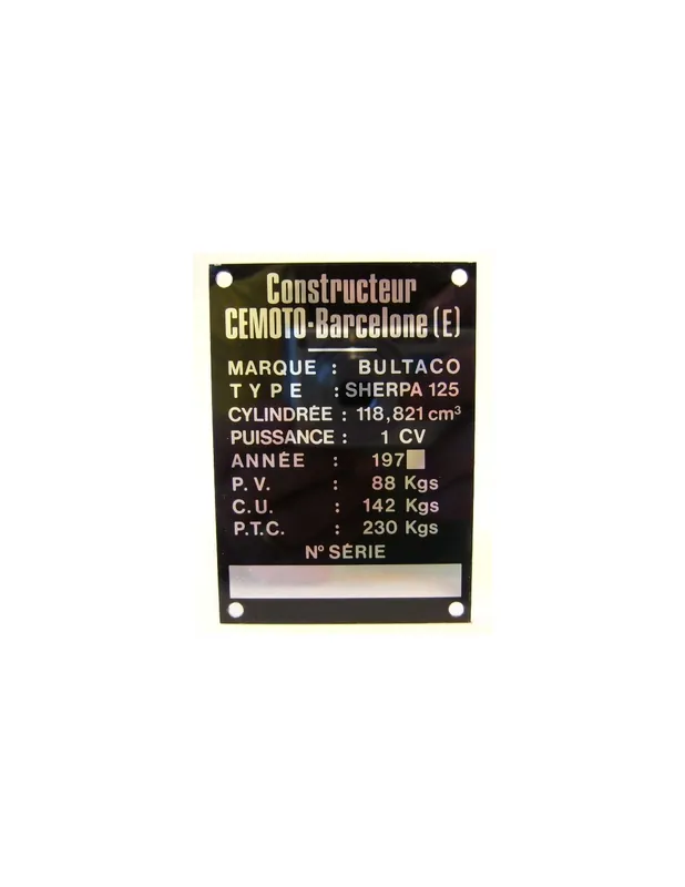 BULTACO Sherpa 125 plaque d'identification aluminium Retour Gratuit